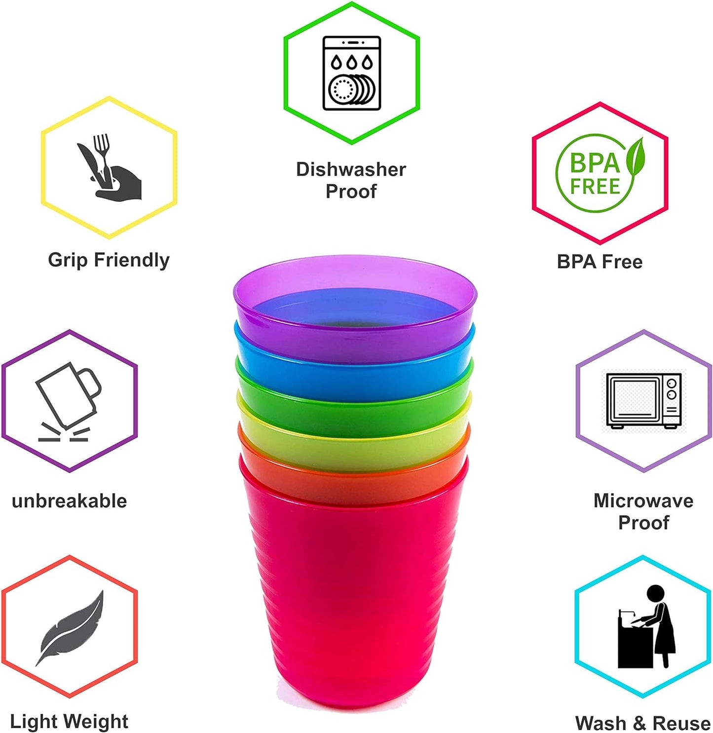 Kids Plastic Dinnerware Set of 6 Multi Color Cups/Tumblers