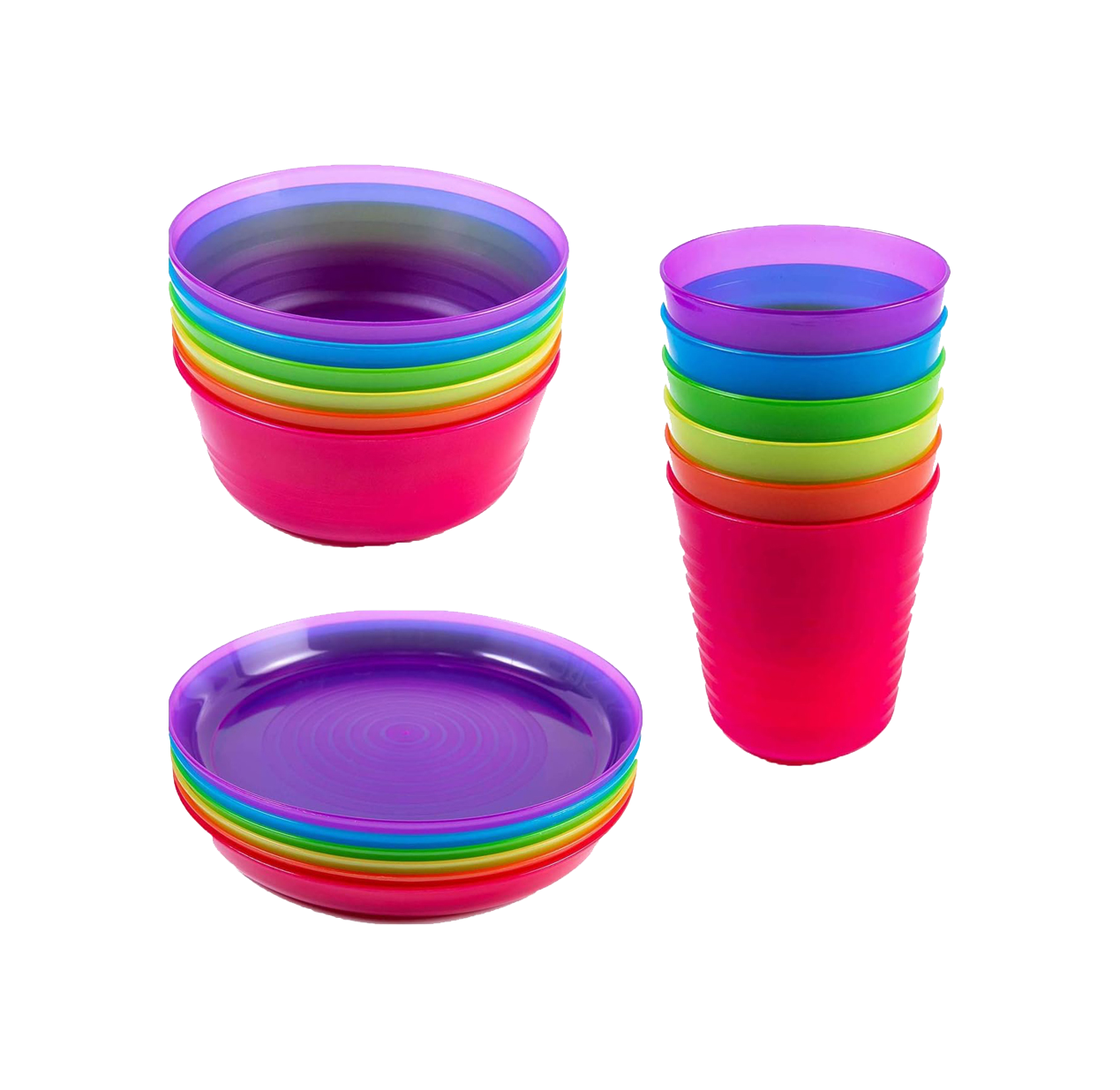 Kids Plastic Dinnerware Set of 18 Multi Color Pieces (Plates, Bowls, and Cups)