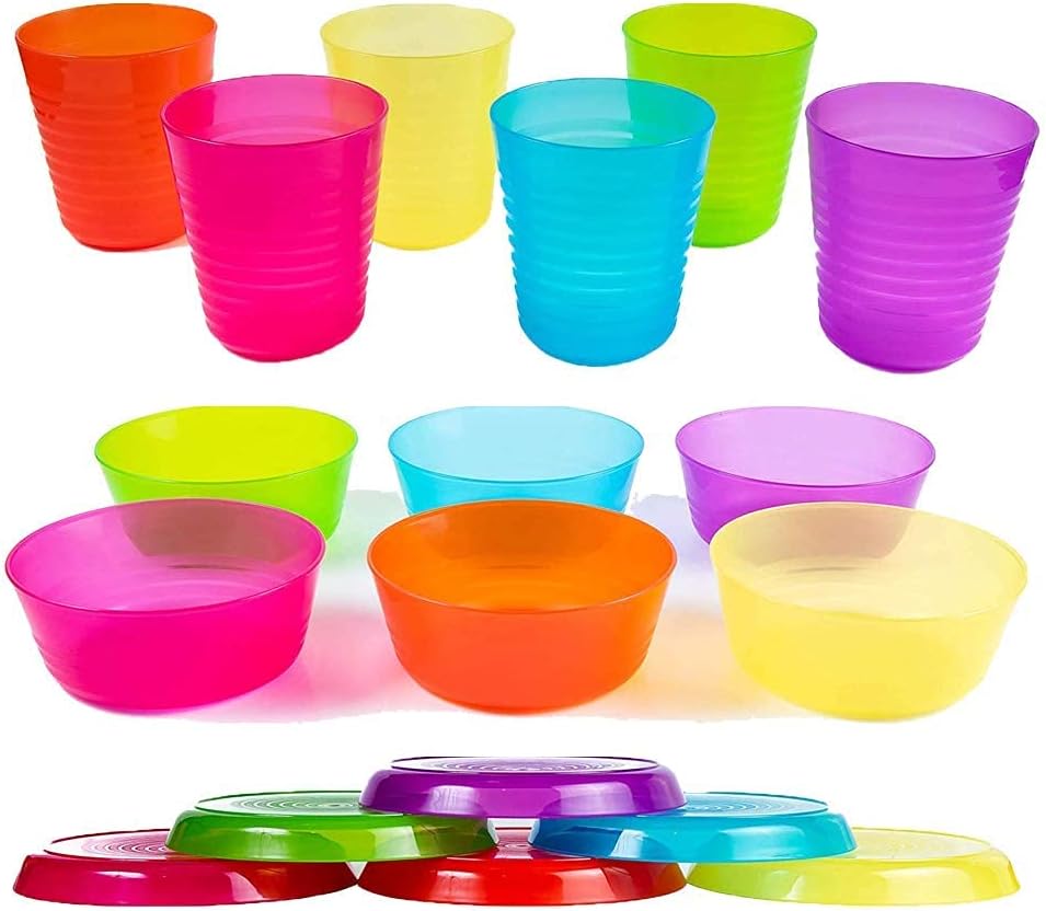 Kids Plastic Dinnerware Set of 18 Multi Color Pieces (Plates, Bowls, and Cups)