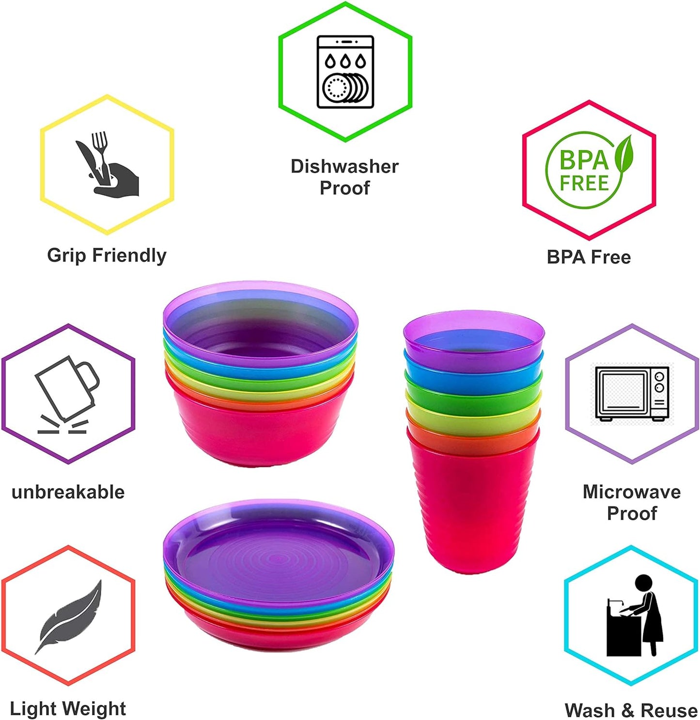 Kids Plastic Dinnerware Set of 18 Multi Color Pieces (Plates, Bowls, and Cups)
