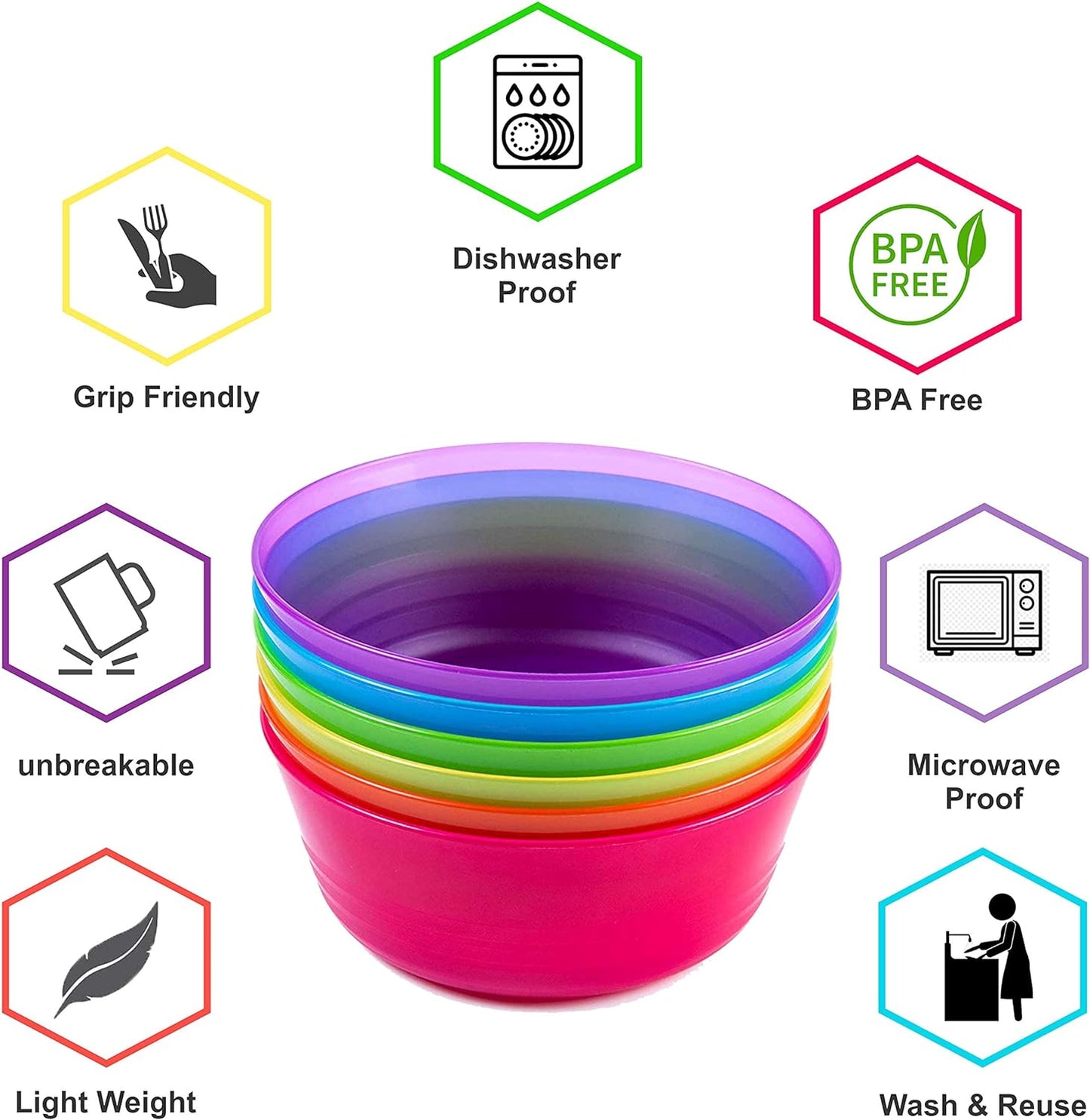 Kids Plastic Dinnerware Set of 6 Multi Color Bowls